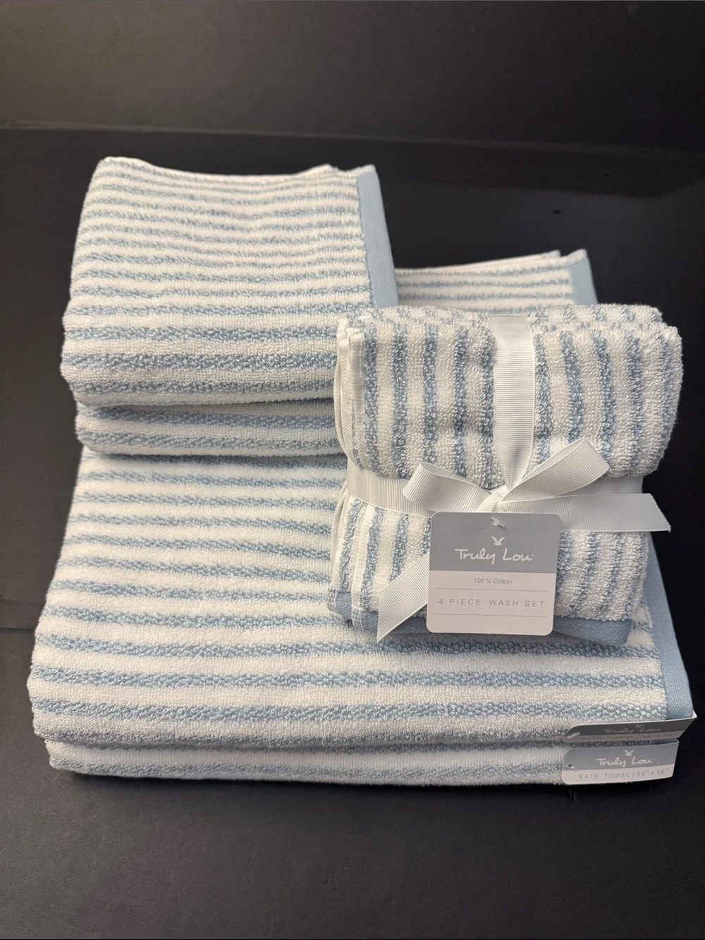 8pc TRULY LOU 100% Cotton Stripe Bath Towel Set -Soft -Absorbent - White/Blue
